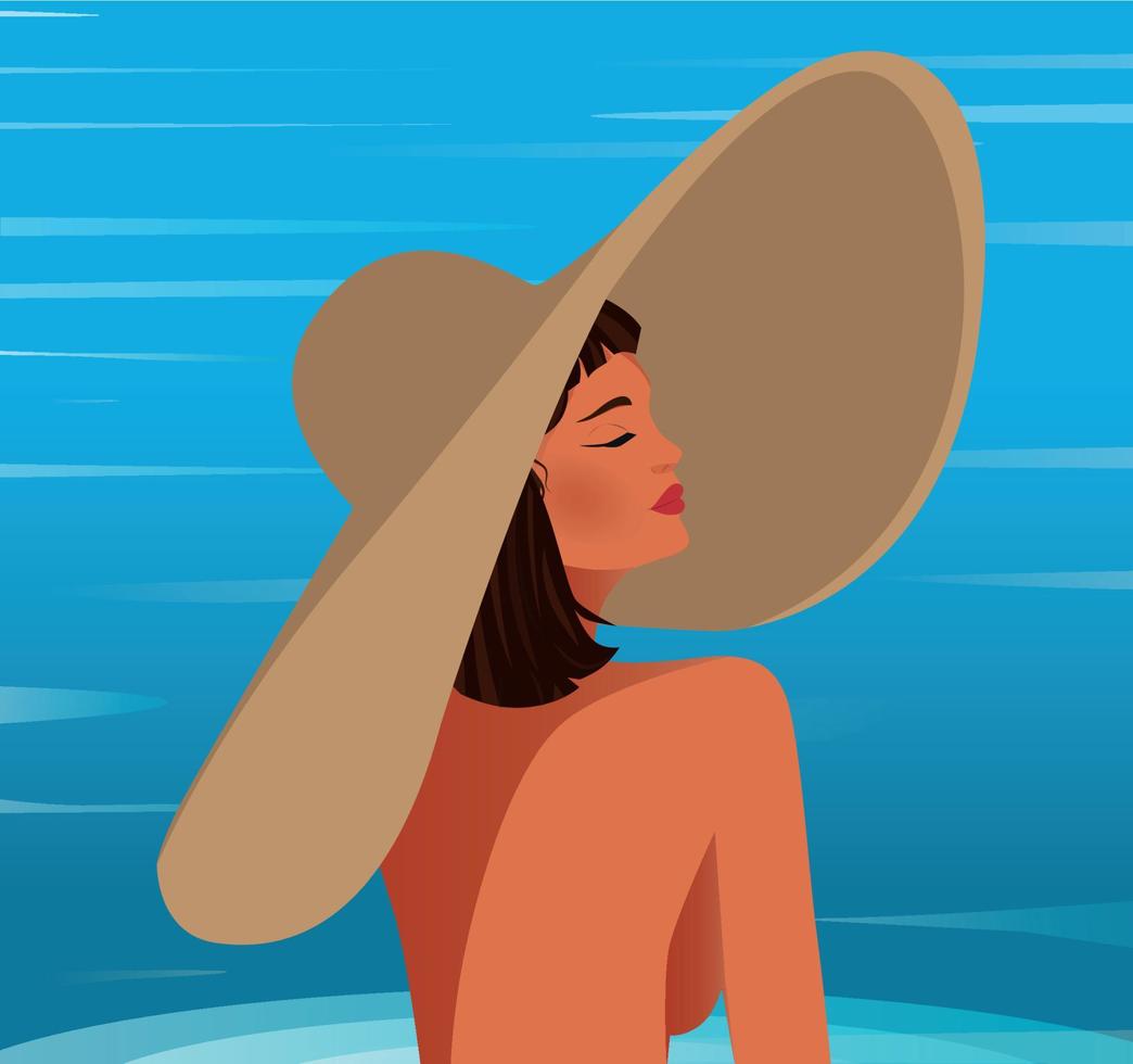illustration numérique d'une belle fille nageant dans la piscine dans un chapeau reposant sur le visage de vacances de profil vecteur