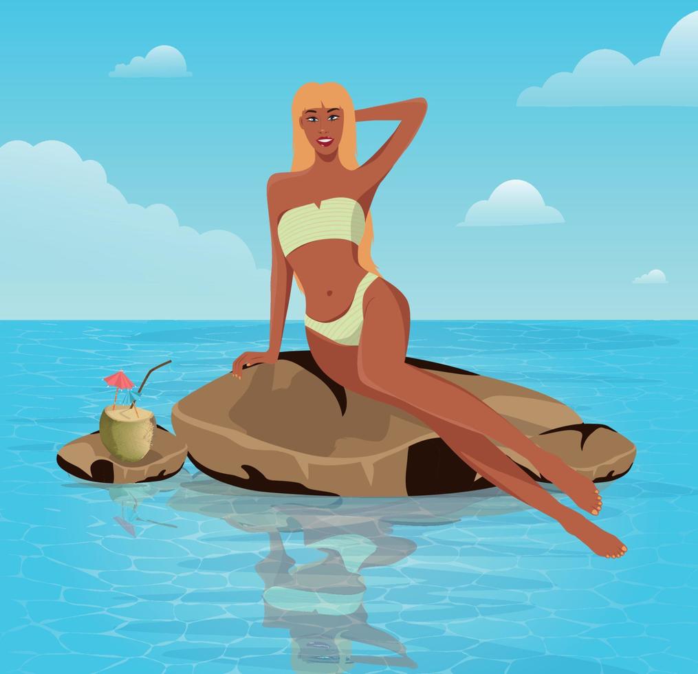 illustration numérique d'une belle fille blonde mince en bikini se reposant en vacances dans un complexe posant sur une pierre avec une noix de coco vecteur