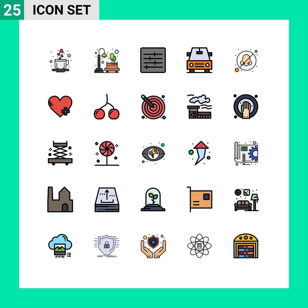 ensemble moderne de 25 pictogrammes de couleurs plates en ligne remplie d'ajout d'éléments de conception vectoriels modifiables de véhicules de contrôle d'oto-rhino-laryngologiste vecteur