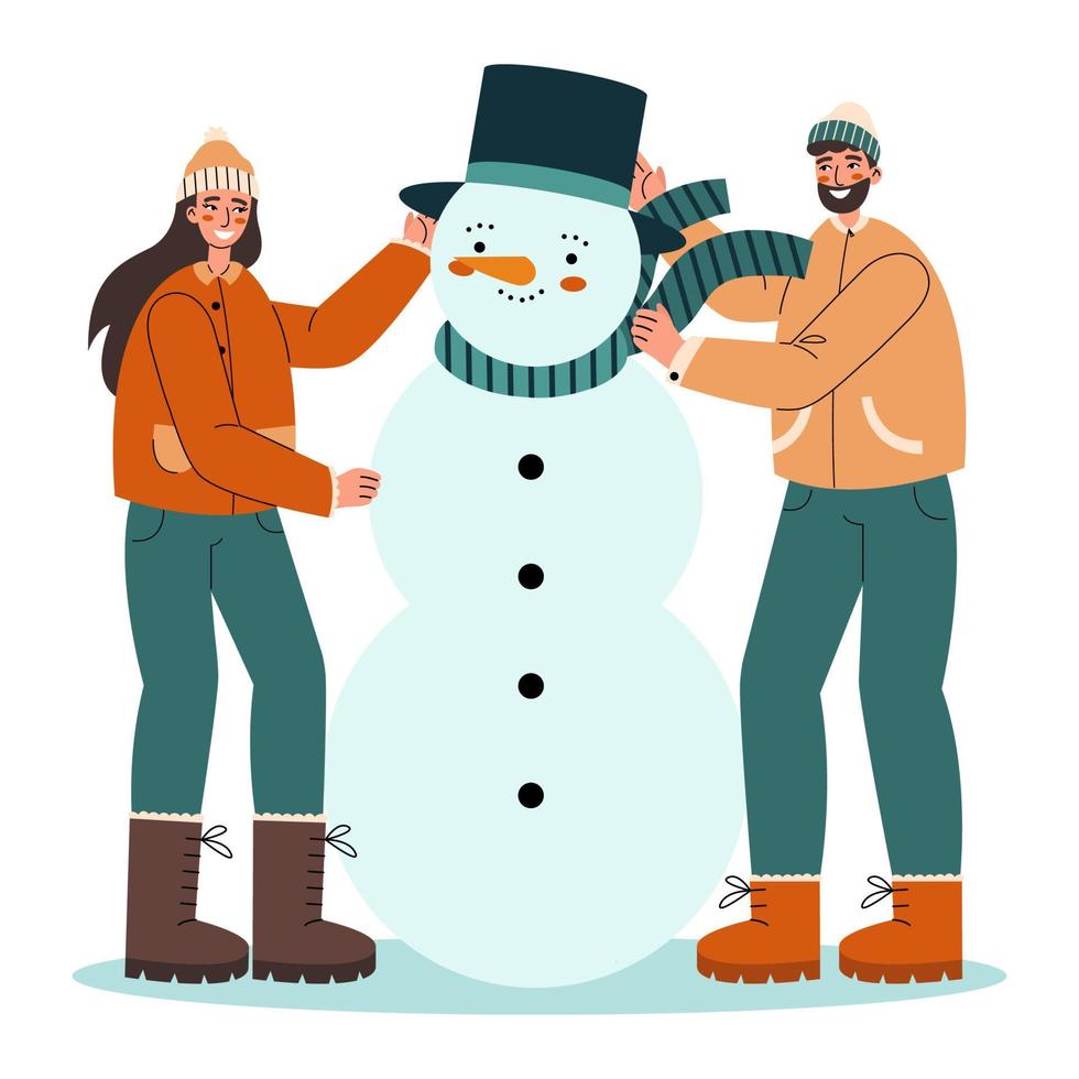 couple heureux dans des vêtements chauds faisant un bonhomme de neige ensemble. illustration vectorielle plane de scène d'hiver. vecteur