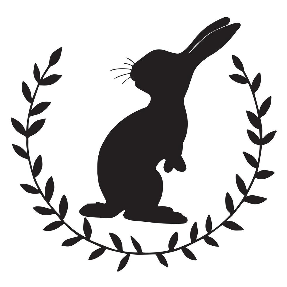 dessin vectoriel, cadre vintage avec silhouette de lapin de Pâques. design minimaliste, couronnes de branches et silhouette de lapin vecteur