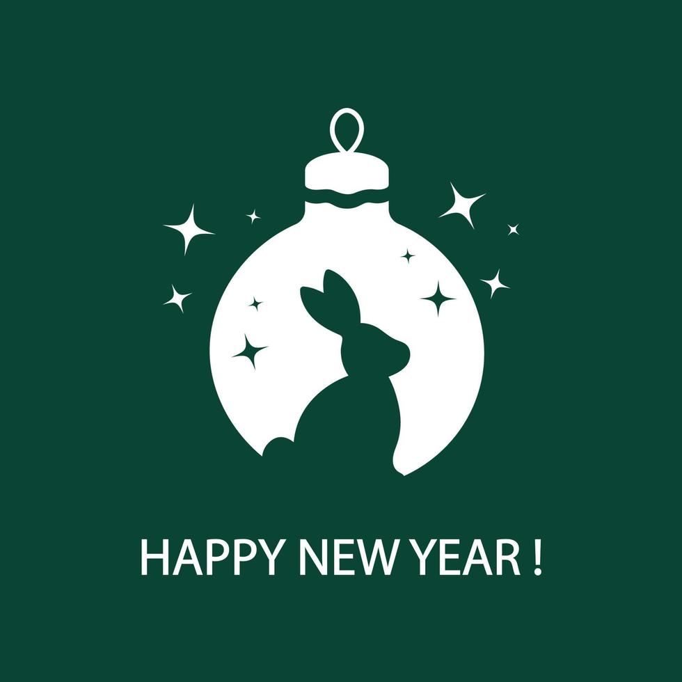 bonne année. silhouettes de lapin, boule de noël et étoiles sur fond vert foncé. modèles de conception de minimalisme pour carte de voeux, affiche, bannière pour 2023. année du lapin. vecteur