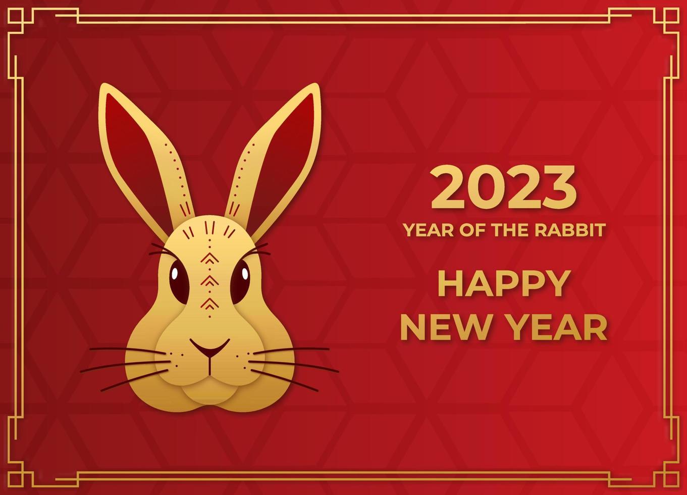 joyeux nouvel an chinois 2023 année du lapin. carte de voeux avec tête de lapin de couleur or sur fond rouge dans un style artisanal. illustration vectorielle. vecteur