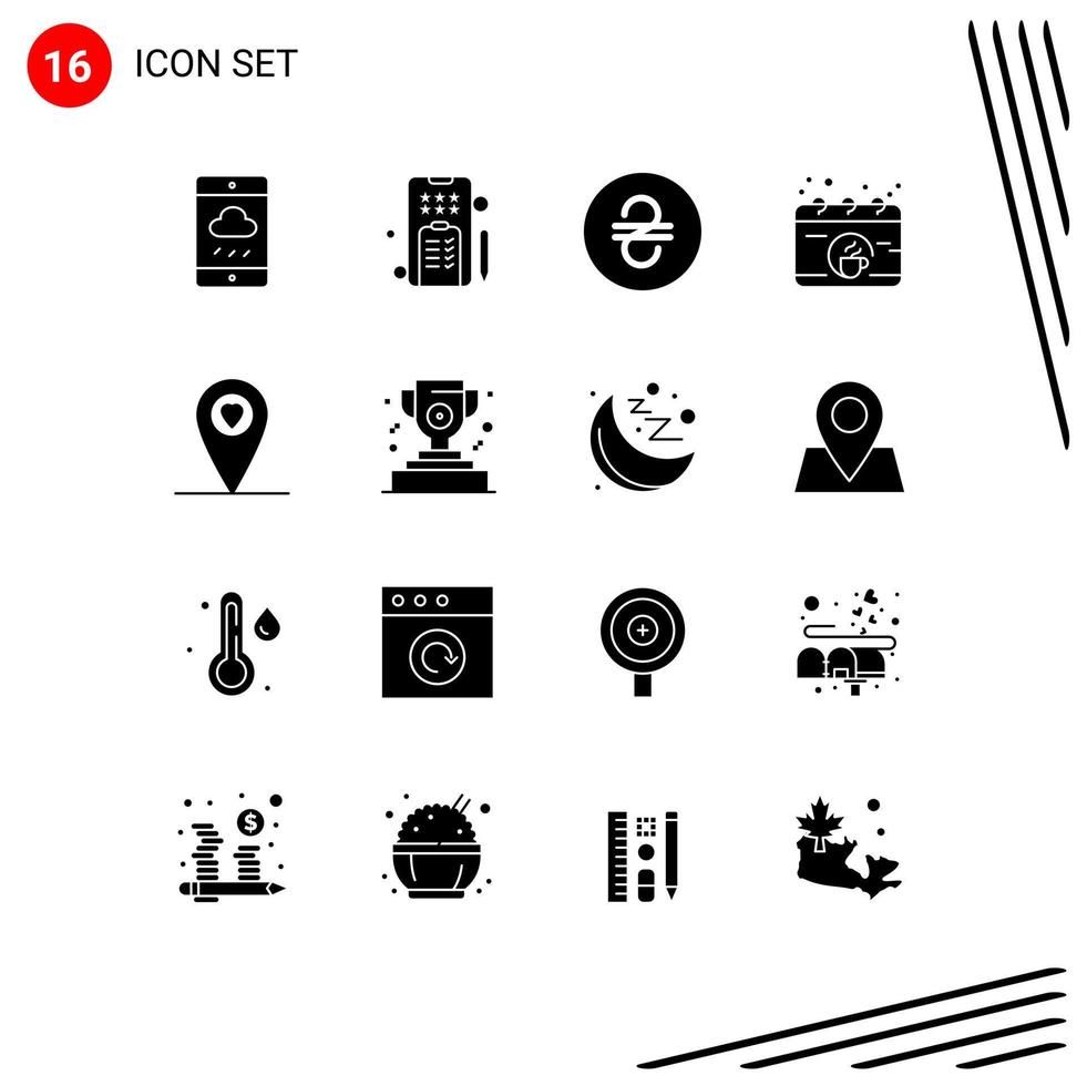 pack de 16 signes et symboles de glyphes solides modernes pour les supports d'impression web tels que la tasse coeur argent emplacement café éléments de conception vectoriels modifiables vecteur