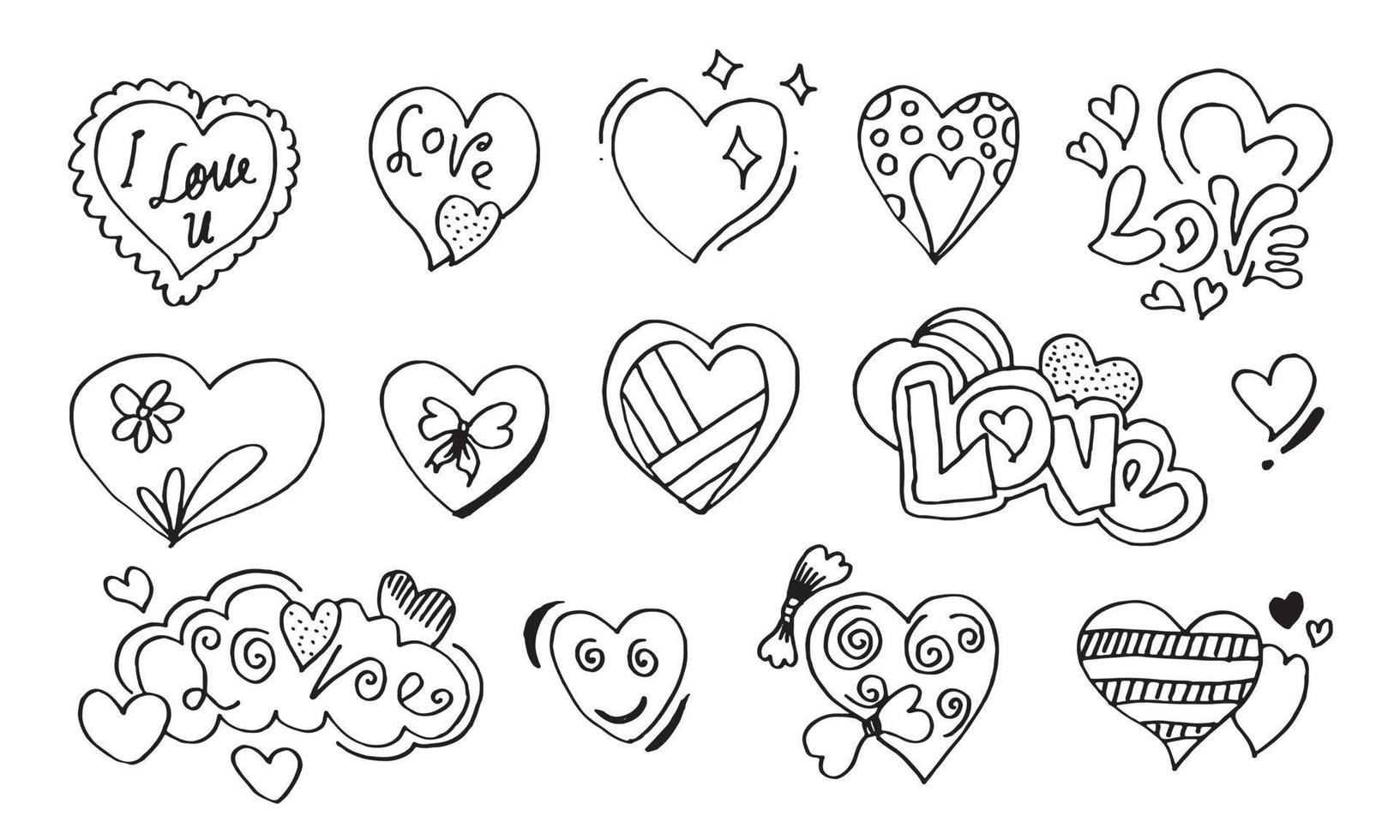 coeurs de griffonnage, collection de coeurs d'amour dessinés à la main. illustration vectorielle. vecteur