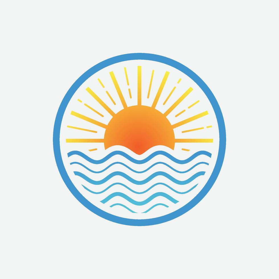 modèle de conception linéaire du logo de la mer, illustration de l'icône du logo circulaire de la mer et de la wafe, logo linéaire du coucher du soleil, symbole de l'icône de la plage vecteur