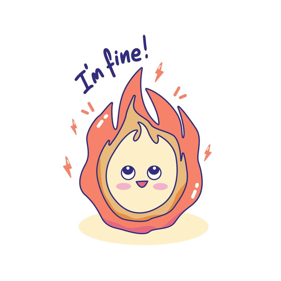 mascotte drôle de personnage de flamme de feu avec je vais bien signe dans le style kawaii. vecteur