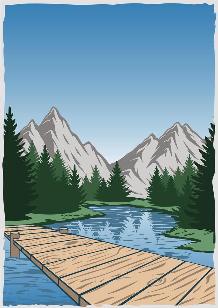 affiche vintage couleur avec lac de montagne vecteur