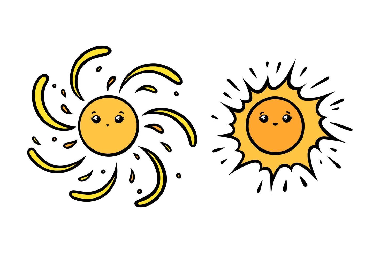 soleils mignons avec des yeux et des sourires. soleil jaune visages souriants dans un style doodle. illustration vectorielle noir et blanc vecteur