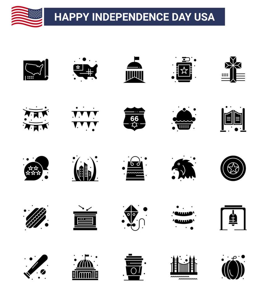 pack de glyphes solides vectoriels modifiables de la journée des états-unis 25 glyphe solide simple de la croix américaine irlandaise américaine hip éléments de conception vectoriels modifiables de la journée des états-unis vecteur