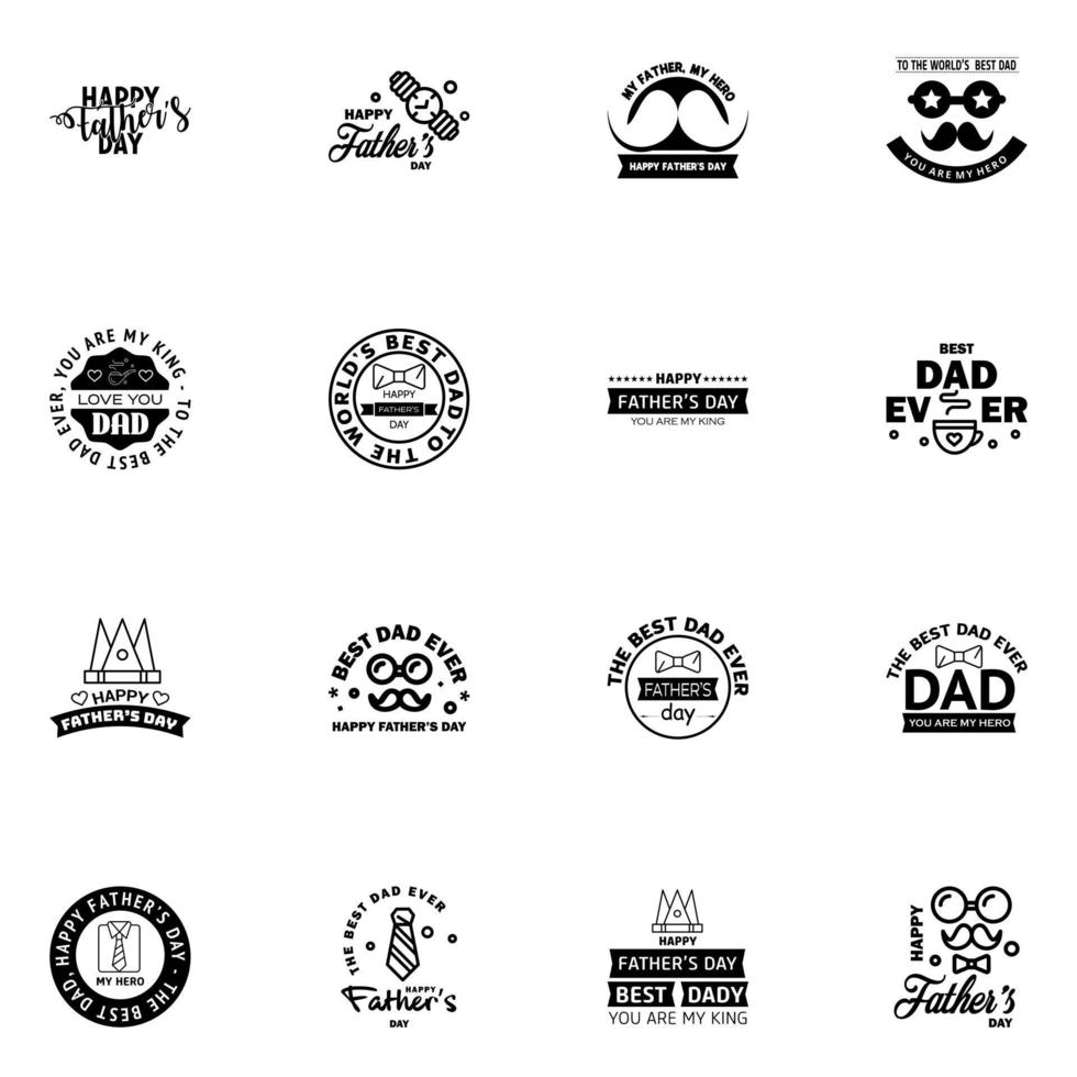 bonne fête des pères salutation main lettrage badges 16 noir faute de frappe isolé sur blanc typographie modèle de conception pour affiche bannière carte cadeau t shirt impression étiquette autocollant rétro vintage style vecteur je