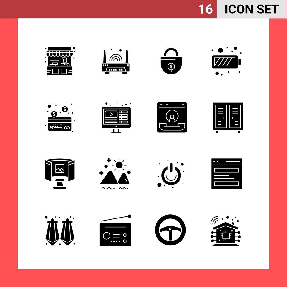 16 symboles de glyphe de style solide pack d'icônes sur fond blanc. signes simples pour la conception générale. vecteur