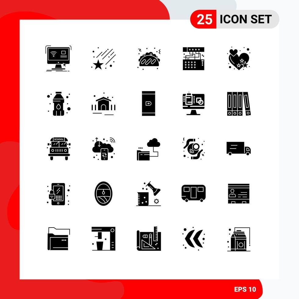 interface mobile glyphe solide ensemble de 25 pictogrammes d'éléments de conception vectoriels modifiables de connexion de module de taco sonore de débit vecteur