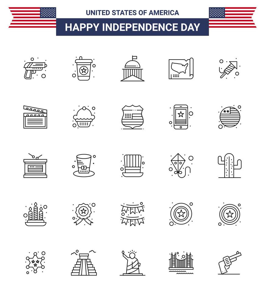 joyeux jour de l'indépendance 25 lignes pack d'icônes pour le web et l'impression religion usa drapeau unis carte modifiable usa jour vecteur éléments de conception