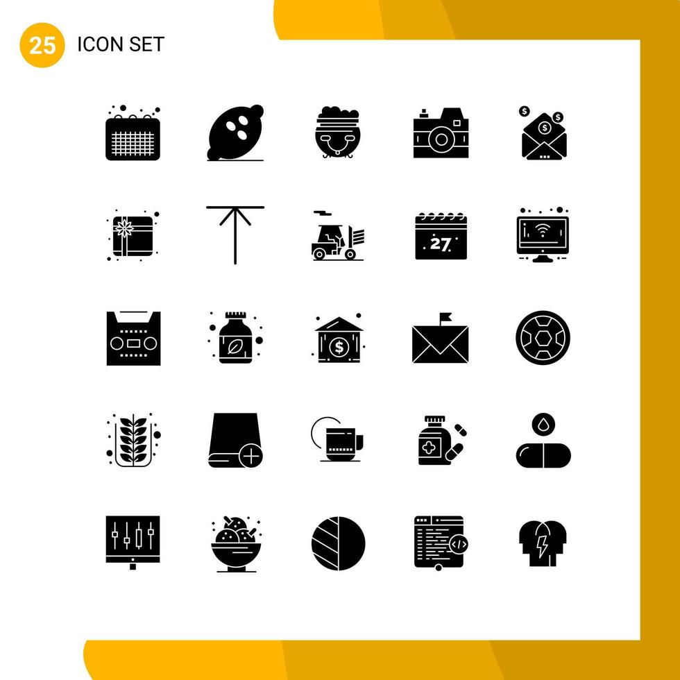 ensemble moderne de 25 glyphes et symboles solides tels que la caméra de fruits de médias photographiques manger des éléments de conception vectoriels modifiables vecteur