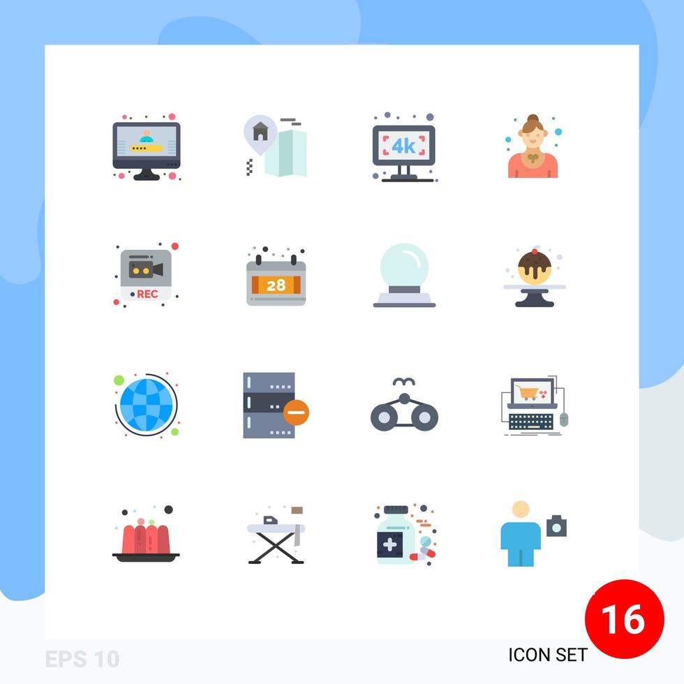 16 concept de couleur plate pour sites Web mobiles et applications enregistrement photographie télévision serveuse restaurant pack modifiable d'éléments de conception de vecteur créatif