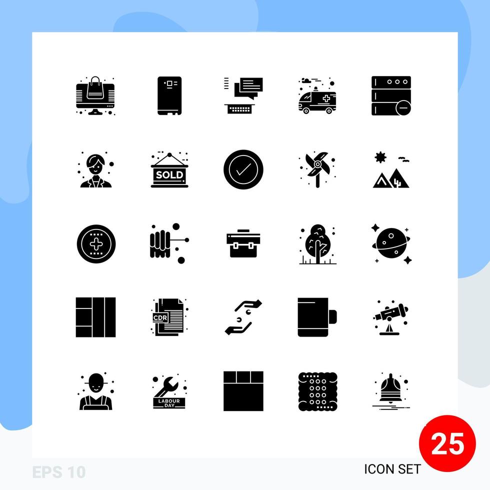 interface mobile glyphe solide ensemble de 25 pictogrammes de supprimer les éléments de conception vectoriels modifiables de support de caméra de caméra d'hôpital vecteur