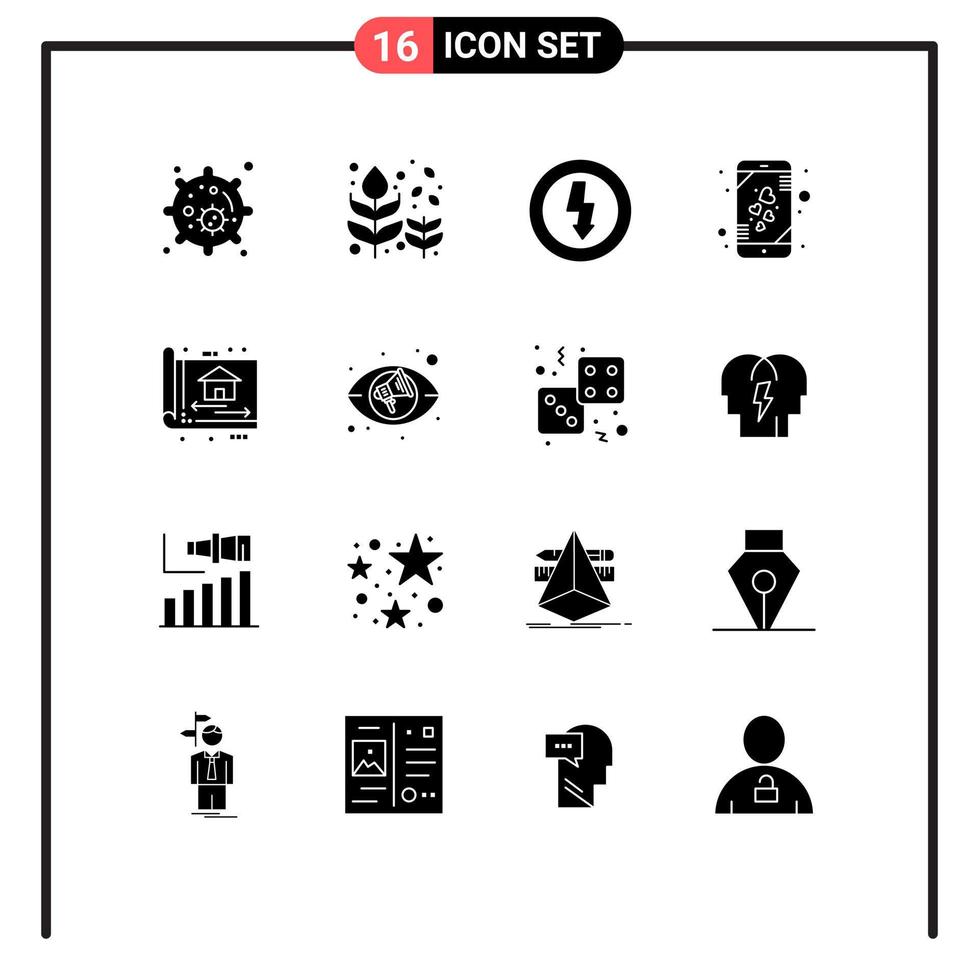 groupe de 16 signes et symboles de glyphes solides pour les éléments de conception vectorielle modifiables de coeur mobile de charge de téléphone intelligent darchitecte vecteur