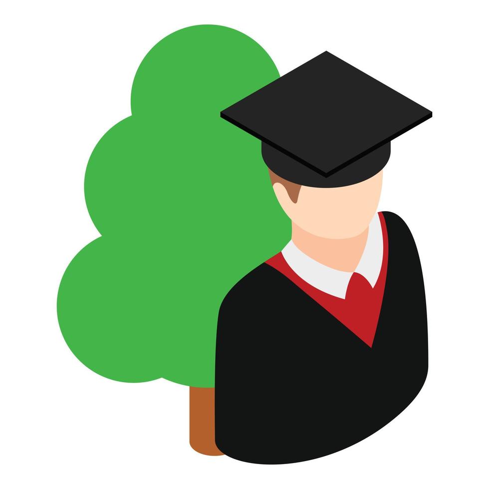 vecteur isométrique d'icône d'enseignement supérieur. mec diplômé en chapeau de graduation près de l'arbre