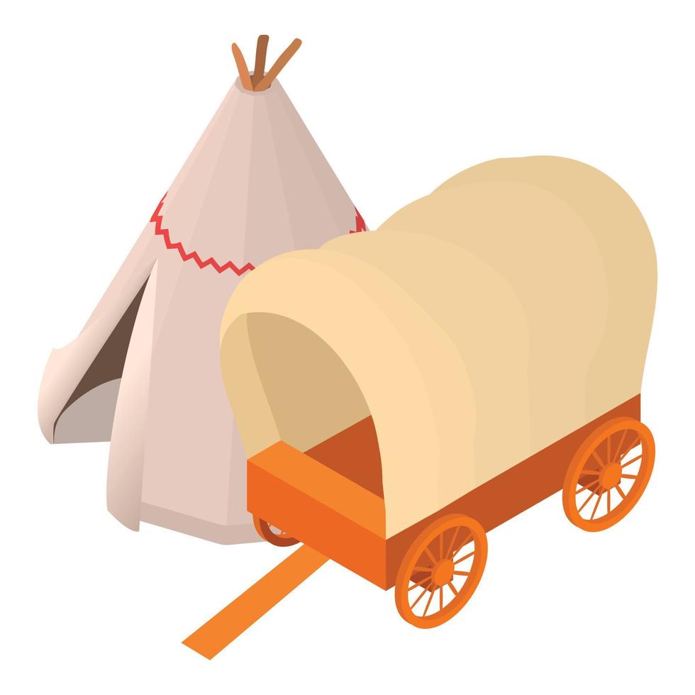 vecteur isométrique d'icône de concept de wildwest. vieux chariot en bois couvert et icône de wigwam