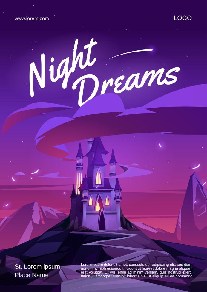 affiche de dessin animé de rêves nocturnes avec château magique vecteur