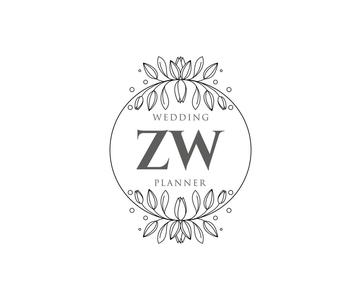 collection de logos de monogramme de mariage lettre initiales zw, modèles minimalistes et floraux modernes dessinés à la main pour cartes d'invitation, réservez la date, identité élégante pour restaurant, boutique, café en image vectorielle vecteur