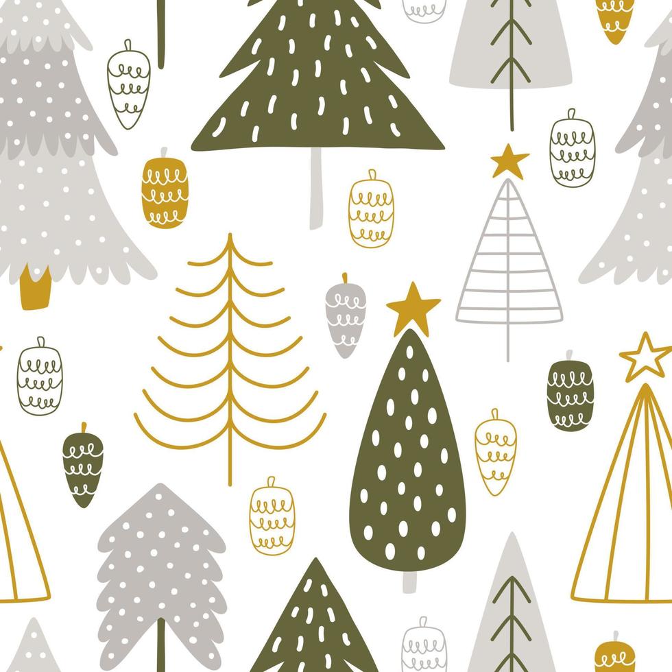 mignons arbres de noël dessinés à la main avec des cônes dans un style scandinave. modèle vectorielle continue pour la célébration du nouvel an d'hiver et des vacances de noël vecteur