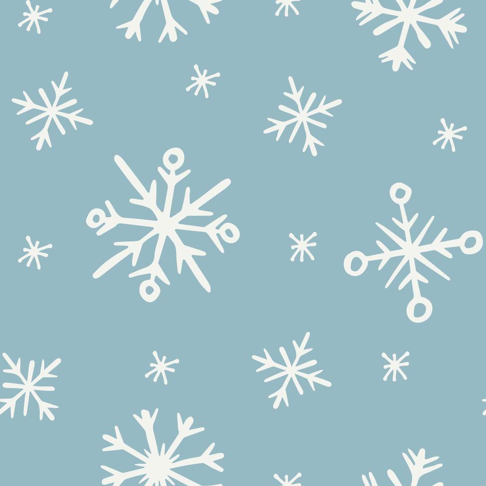 doodle modèle sans couture de flocons de neige. illustration vectorielle. flocons de neige blancs sur fond bleu poudre. modèle de nouvel an et de noël pour papier d'emballage, cartes de voeux. vecteur