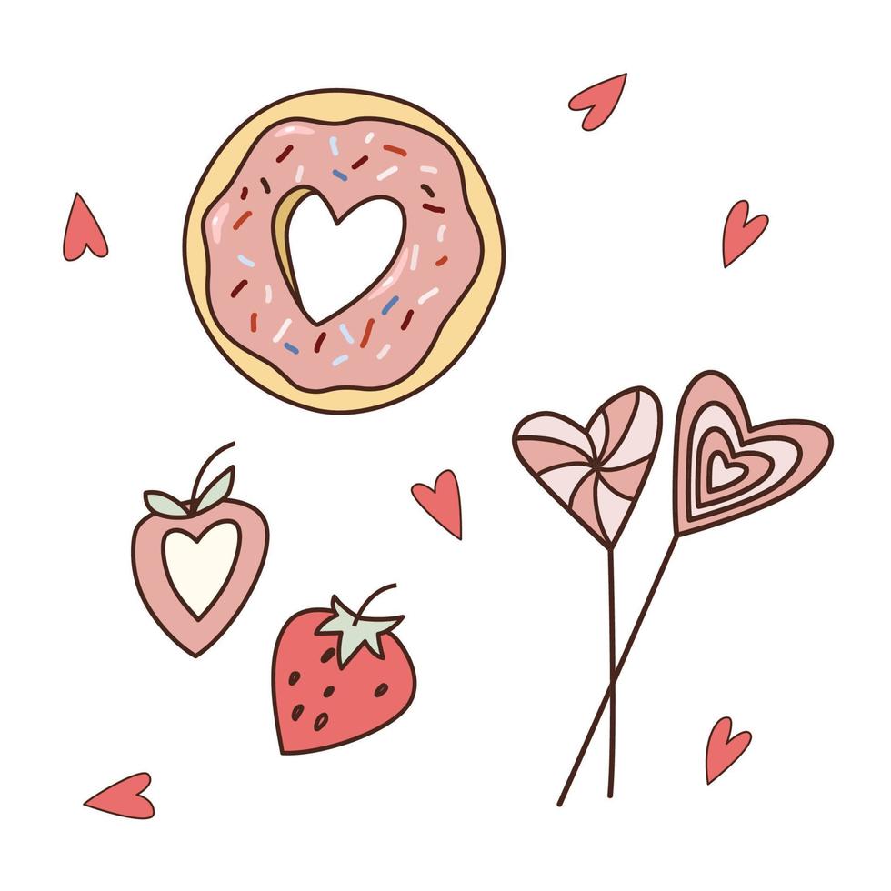 illustrations vectorielles de nourriture doodle de la saint-valentin. beignet avec coeur, fraise et sucettes. ensemble d'éléments de design rose et rouge. vecteur
