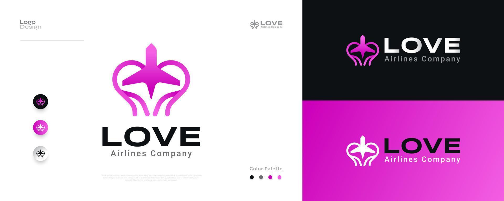 création de logo d'avion d'amour dans le concept de dégradé rose. logo ou icône d'avion de coeur, approprié au logo d'affaires d'aviation, de compagnies aériennes, de tourisme ou de voyage vecteur