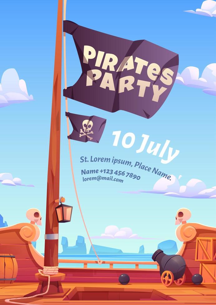 dépliant de fête des pirates avec pont de bateau en bois et drapeau vecteur