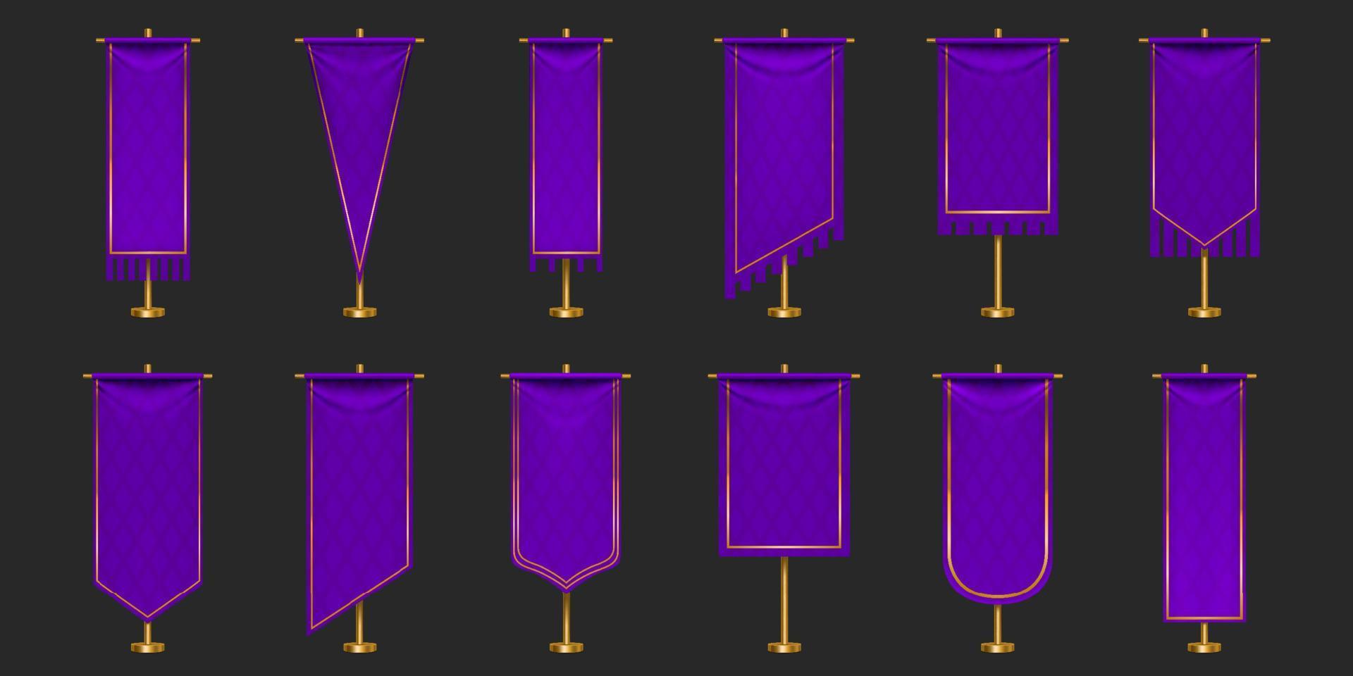 drapeaux de fanion de maquette de couleurs violet et or vecteur