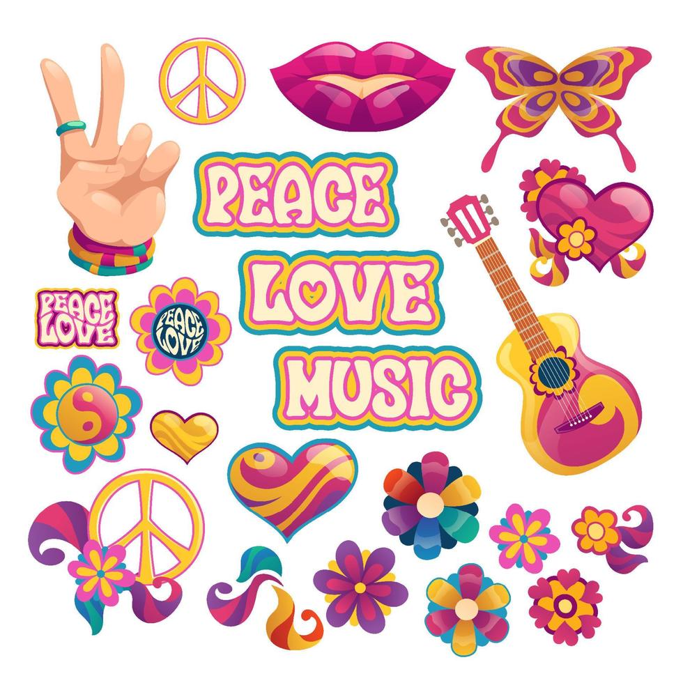 icônes hippies, signes de paix, d'amour et de musique vecteur