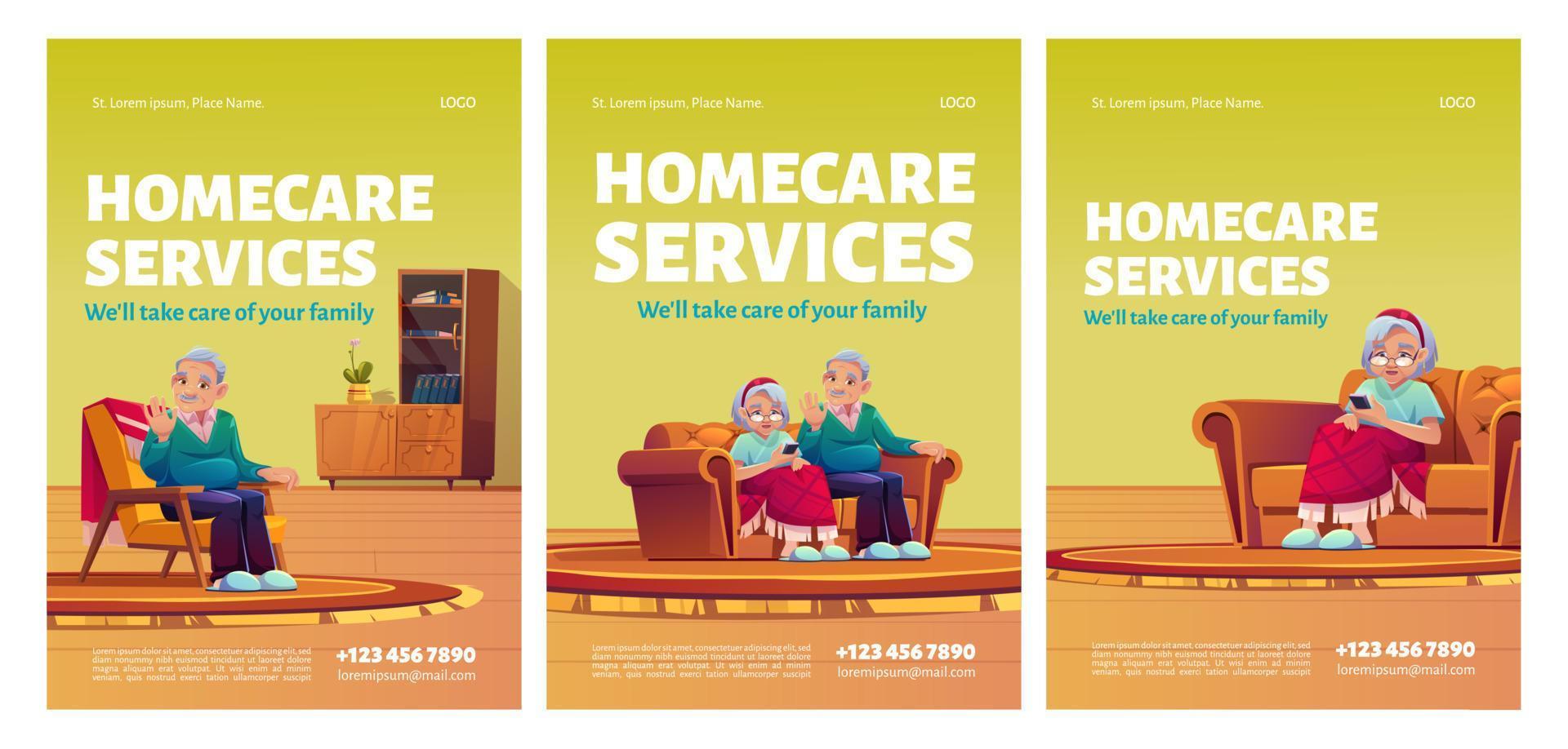 affiches de services de soins à domicile. aide sociale aux seniors vecteur