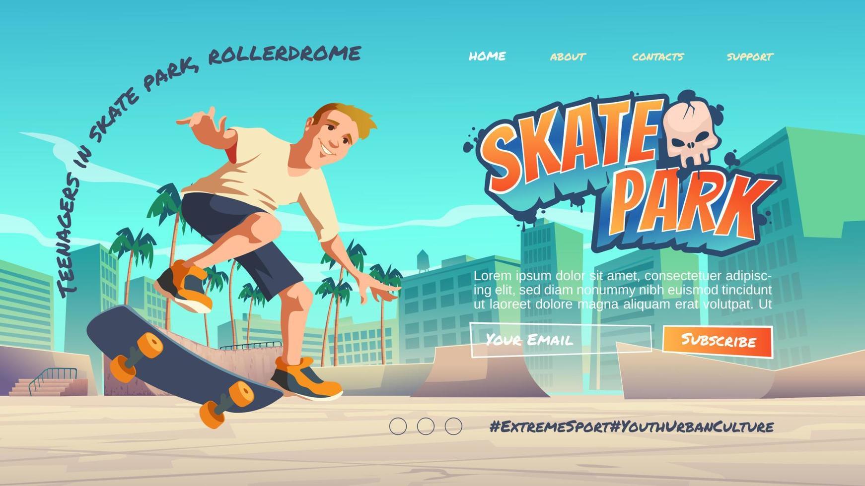 page de destination de dessin animé de skate park avec adolescent vecteur