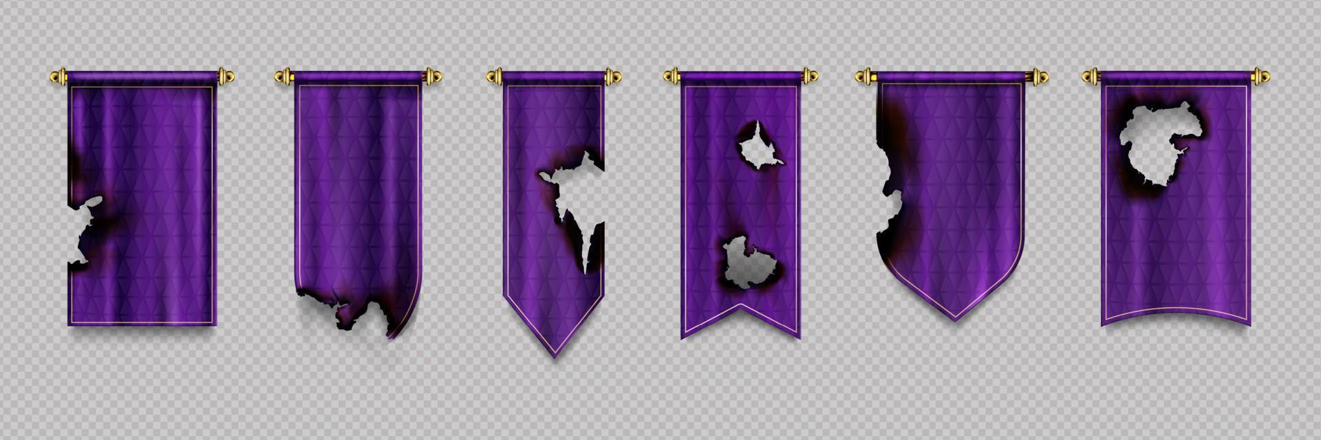 vieux drapeaux de fanion de brûlure maquette bannières vierges violettes vecteur