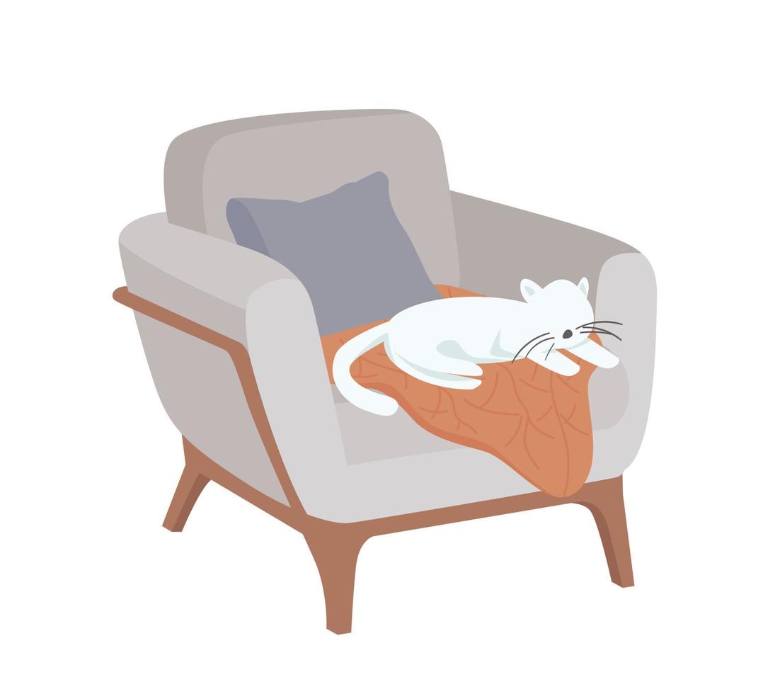 chat mignon se reposant dans le personnage de vecteur de couleur semi-plat fauteuil. confort domestique. animal corporel complet modifiable sur blanc. illustration de style dessin animé simple pour animaux de compagnie pour la conception graphique et l'animation web