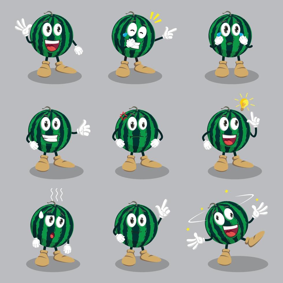 mascotte de pastèque avec différentes émotions dans un vecteur de style dessin animé. drôle de personnage. illustration de la figure. émoji de personnage. émoticône de dessin animé.