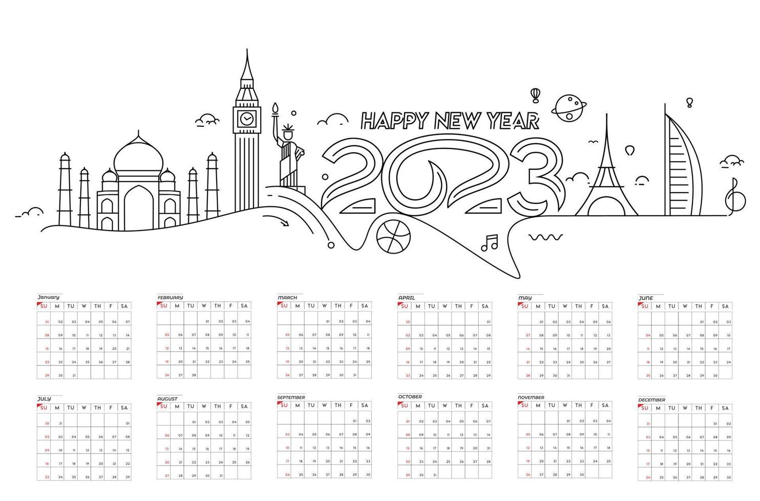 Conception de la bonne année du calendrier 2023. vecteur