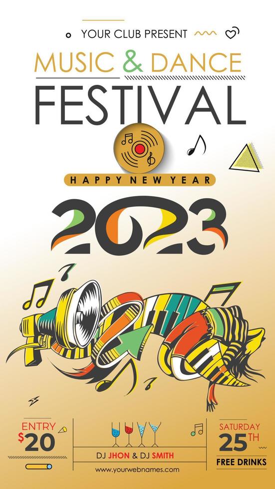 Affiche de flyer d'événement de fête de musique du nouvel an 2023 pour la publication sur les réseaux sociaux. vecteur