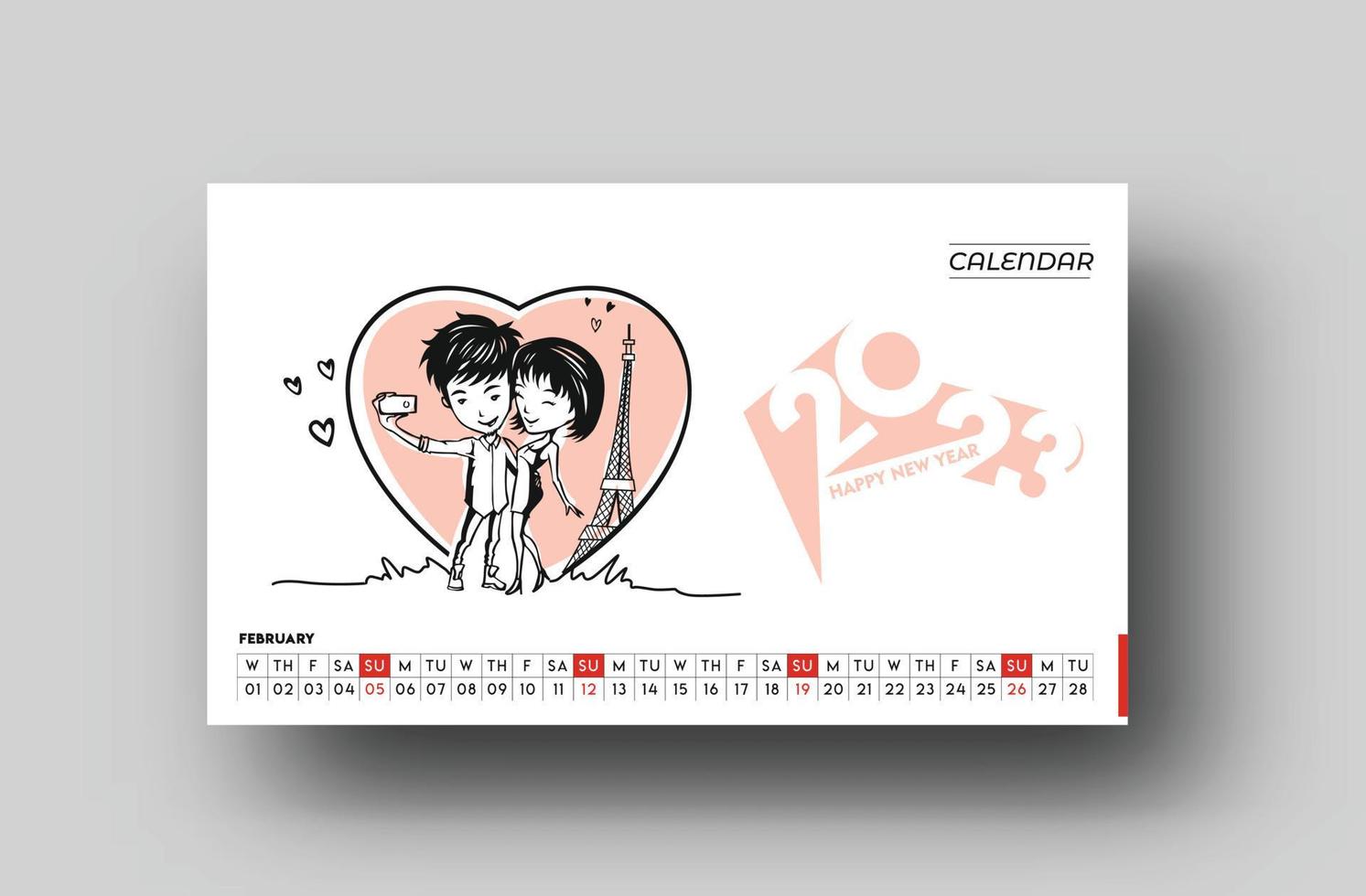 calendrier 2023 bonne année saint valentin modèle de conception de février. vecteur