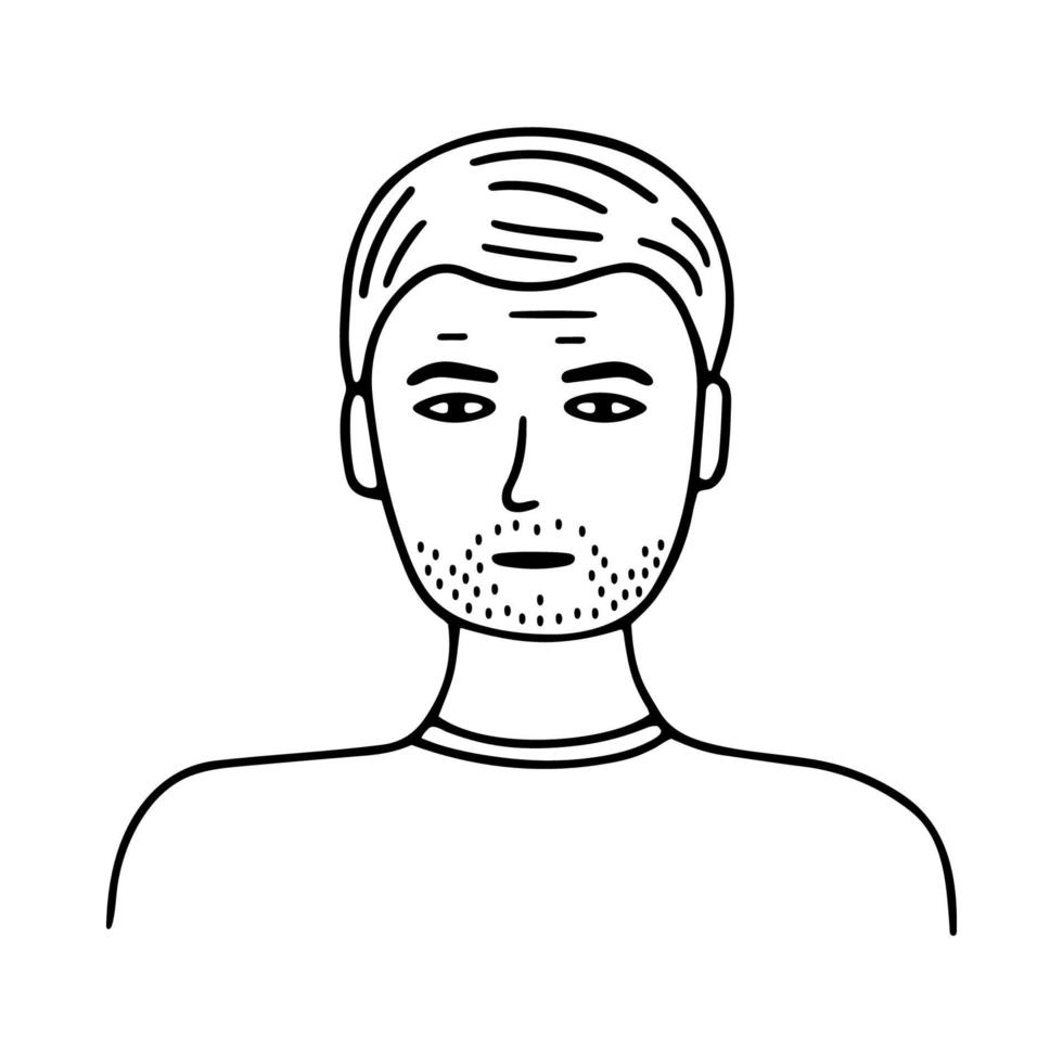 doodle jeune homme brutal avec portrait de chaume. icône dessinée à la main à la mode. illustration vectorielle noir et blanc. croquis de griffonnage dessiné à la main. parfait pour les médias sociaux, les avatars, le site Web, l'affiche vecteur