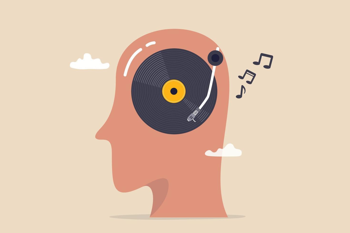 écouter de la musique tout en étudiant ou en travaillant, une mélodie pour se détendre ou profiter de la vie, la psychologie ou la musique relaxante aide le concept émotionnel, la tête humaine avec un disque vinyle jouant une chanson dans sa tête métaphore du mélomane. vecteur