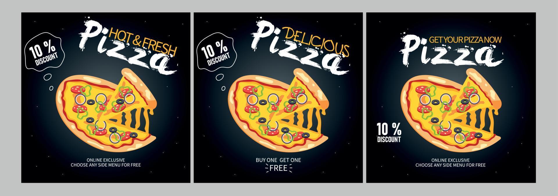 conception de modèle de publication de pizza et de bannière web. ensemble de bannières web, flyers ou affiches avec accent noir pour la promotion de l'offre de pizza vecteur