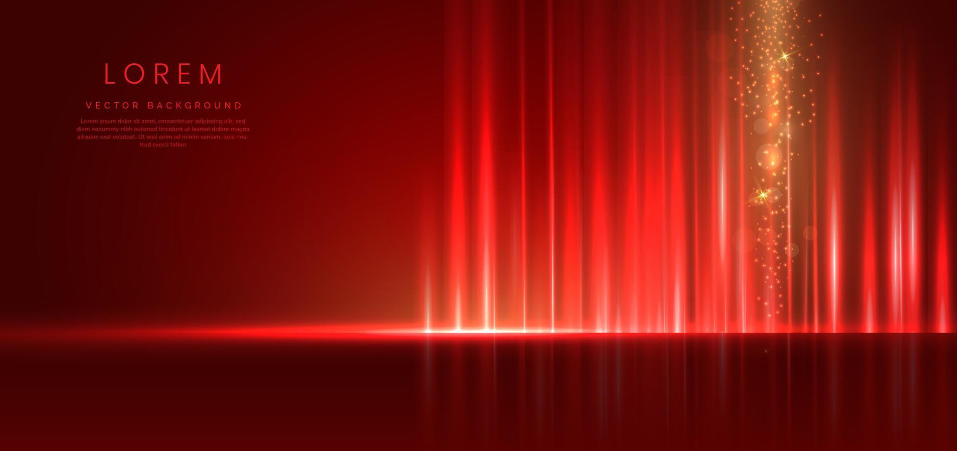 technologie abstraite futuriste bande rouge clair lignes verticales légères sur fond rouge avec effet d'éclairage doré scintillent. vecteur