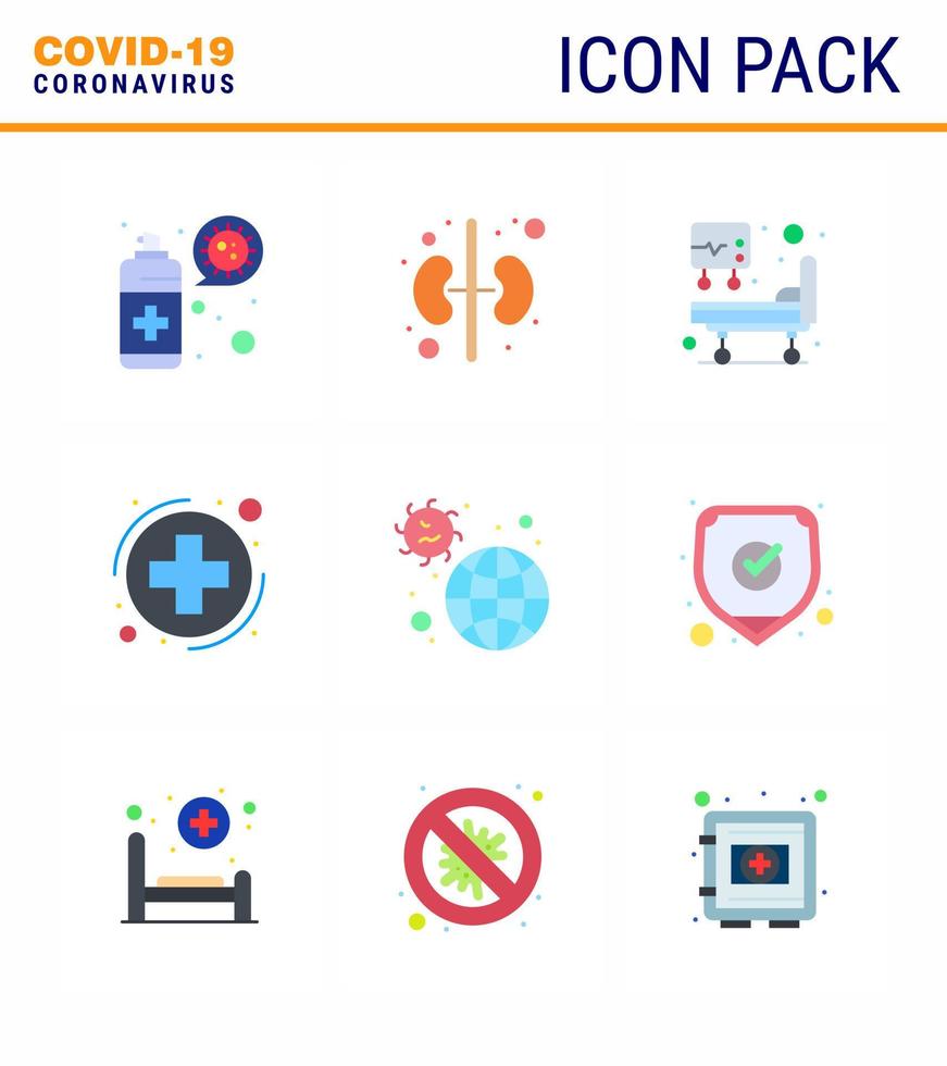 nouveau coronavirus 2019ncov 9 pack d'icônes de couleur plate incident pandémique icu maladie soins de santé coronavirus viral 2019nov éléments de conception de vecteur de maladie