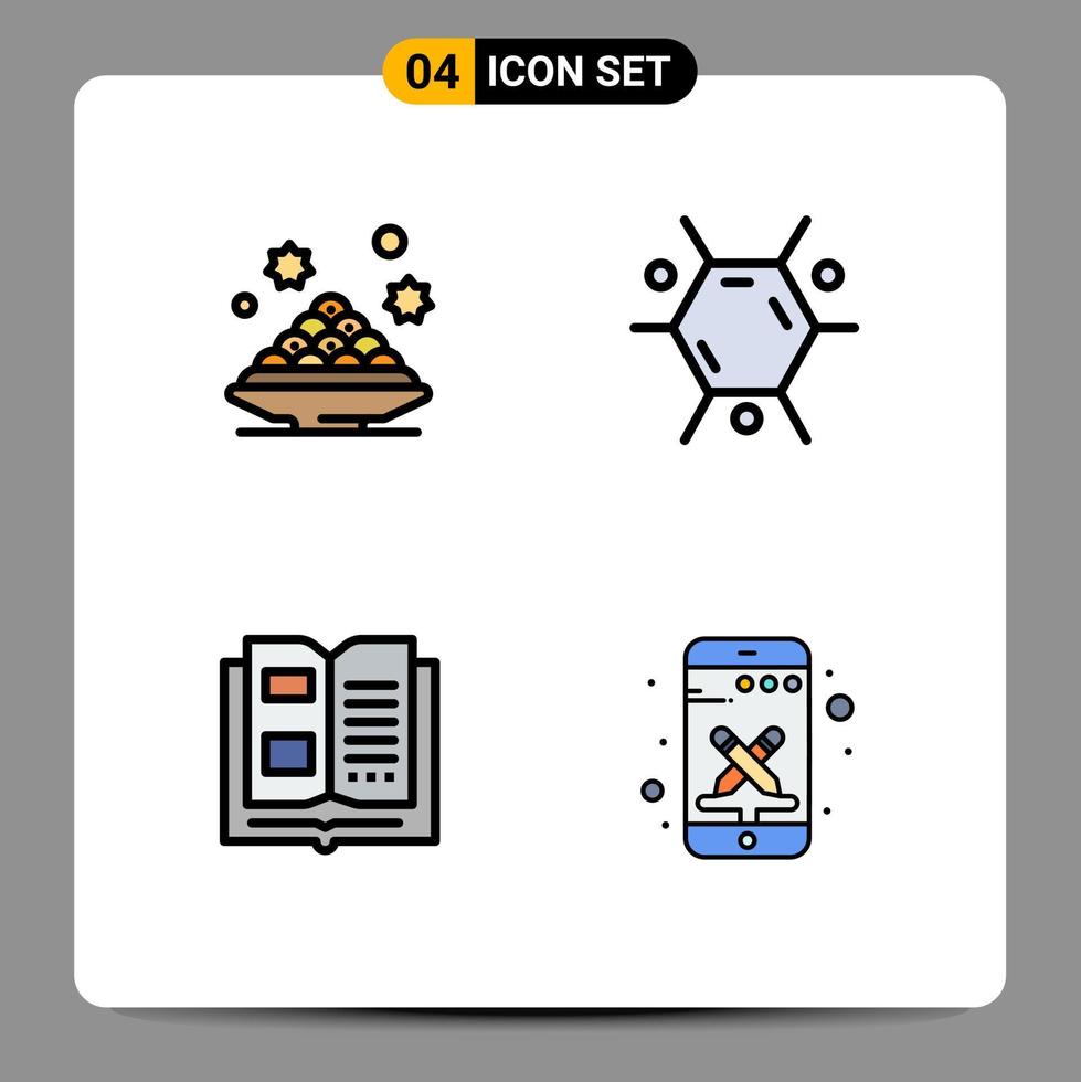 pack de couleurs plates remplies de 4 symboles universels d'informations sur les desserts molécule de ramadan lisant des éléments de conception vectoriels modifiables vecteur