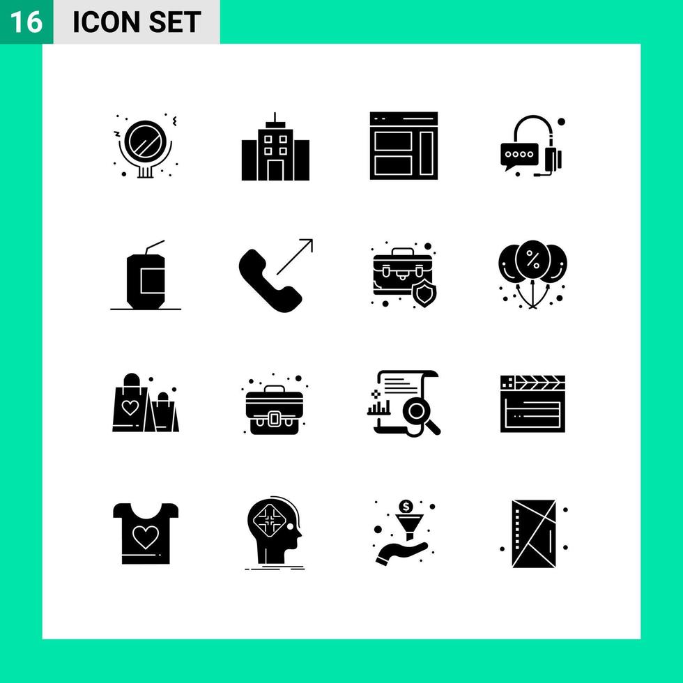 ensemble moderne de 16 glyphes et symboles solides tels que la prise en charge de l'interface de boisson coca aide les éléments de conception vectoriels modifiables vecteur