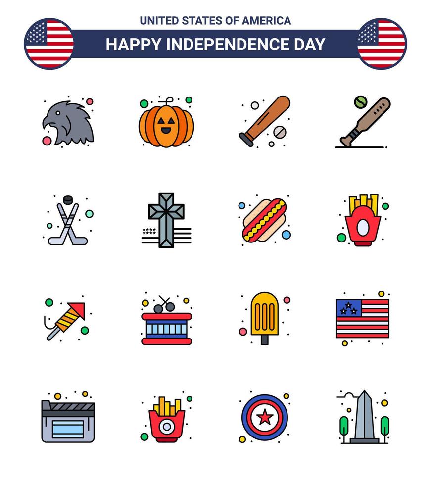 usa independance day plat rempli ligne ensemble de 16 pictogrammes usa de l'église american bat sport hokey modifiable usa day vector design elements