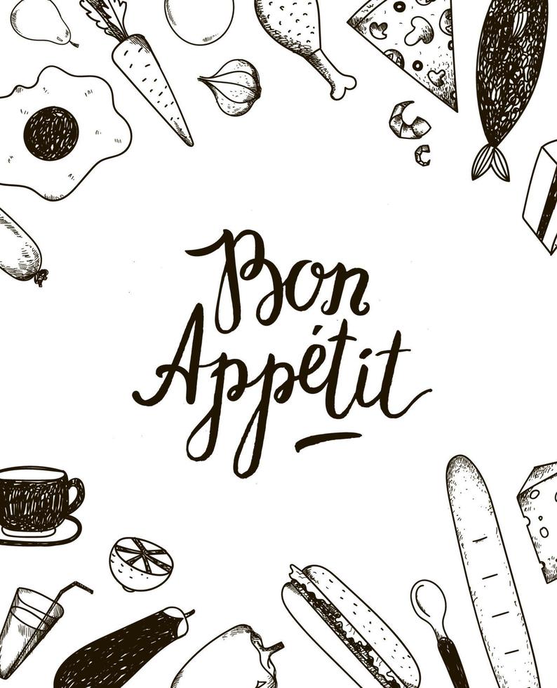 affiche graphique de bon appétit de vecteur avec des illustrations de nourriture. noir et blanc.